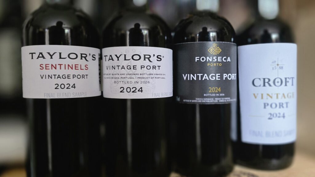 Bottles of 2024 Vintage Port, Left to Right Taylors Sentinels, Taylors, Fonseca and Croft